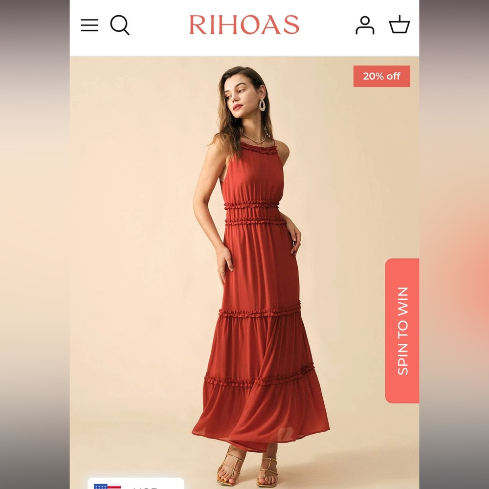 Rihoas Frill Trim Tiered Maxi Dress, Brick Red, Size L